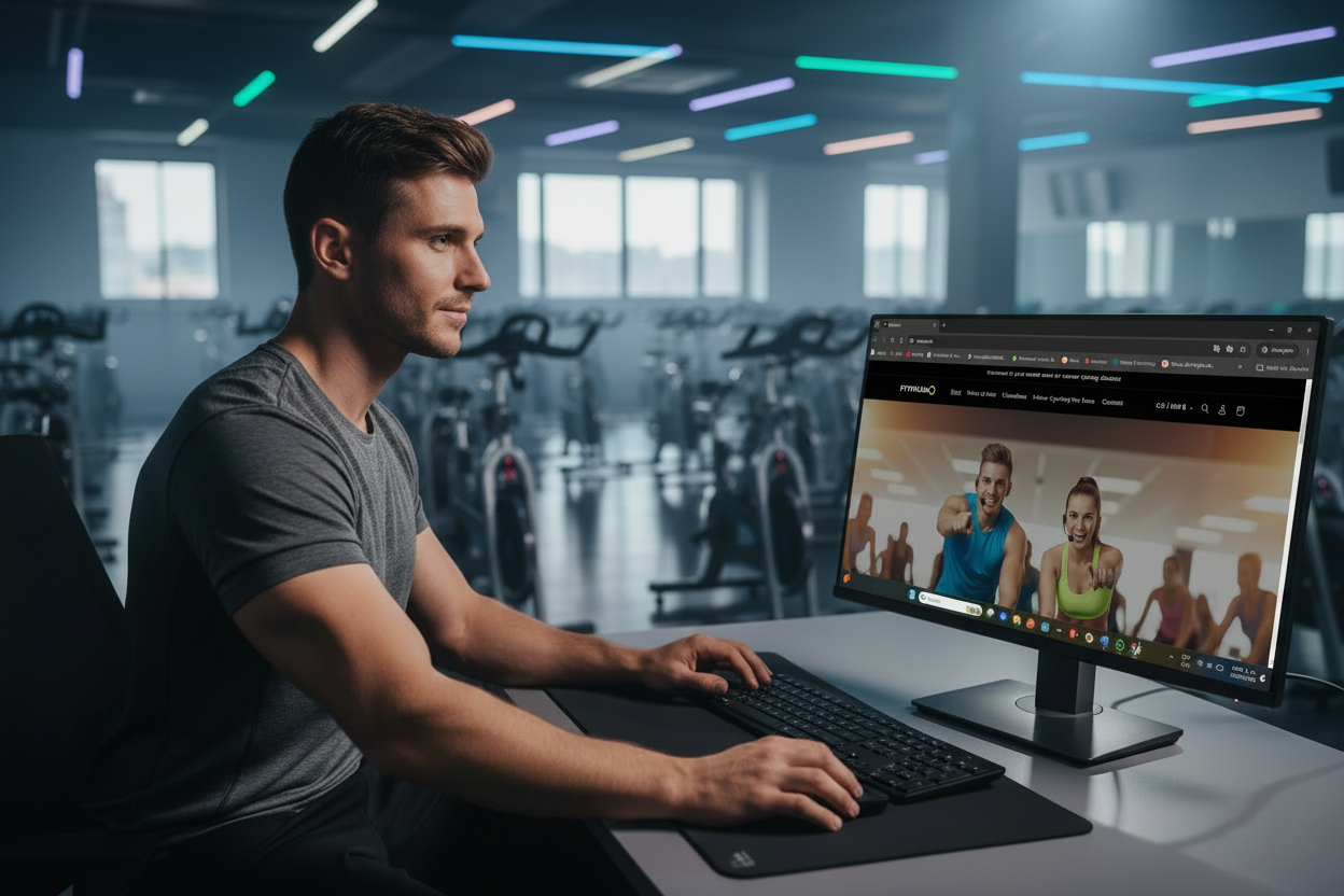 Instructor mirando pantalla Fitmusic con leve sonrisa